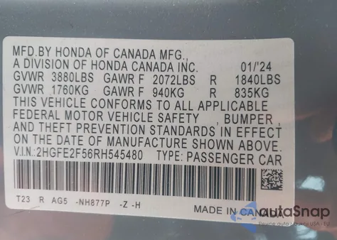 2024 Honda Civic Sport from USA, damaged, VIN 2HGFE2F56RH545480